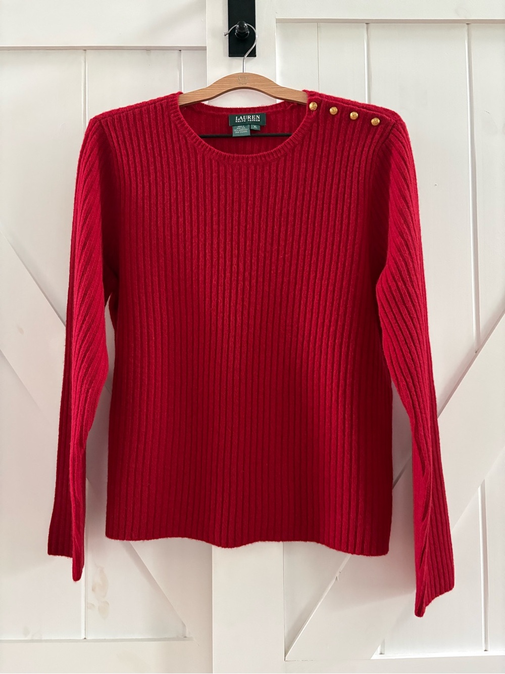 Lauren Ralph Lauren Red Ribbed 100% Lambswool Sweater with Gold Button Shoulder